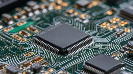 Obraz premium Close macro focus on microprocessor and electronic pathways on circuit board
