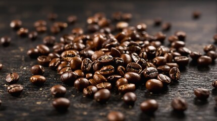 Scattered rich brown roasted coffee beans on a dark rustic surface