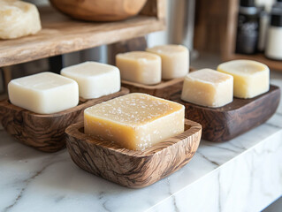 Natural Handmade Soaps on Wooden Trays in a Rustic Bathroom Setting