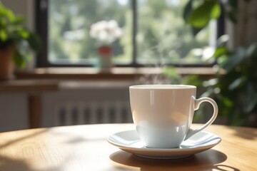 Steaming White Coffee Cup with Morning Sunlight on a Wooden Table