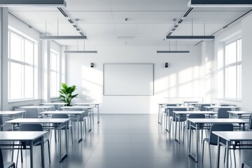 Bright sunlit modern classroom interior with desks and blank whiteboard