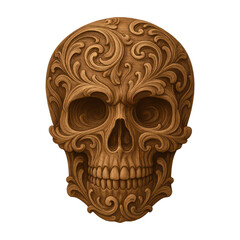 PNG Intricate wooden carved skull design.