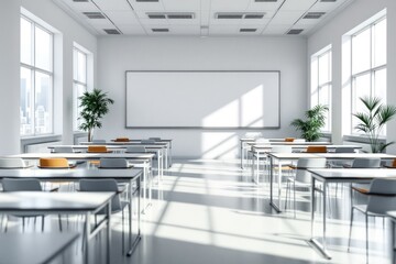 Sunlit Empty Classroom Interior with Blank Whiteboard for Educational Mockup