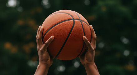 Person holding a basketball up against a blurred green background