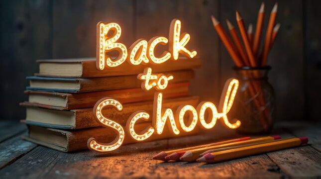 Glowing Back to School Marquee Sign with Vintage Books and Pencils