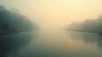Fototapeta premium A serene and misty landscape of a calm river at dawn. The fog creates a mysterious and tranquil atmosphere, perfect for quiet contemplation.