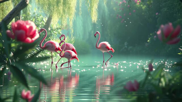 Flock of flamingos gathering in a serene pond surrounded by vibrant flowers at dawn