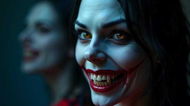 A creepy woman with a sinister, wide grin and scary makeup. A dark and frightening character concept for horror or fantasy themes.