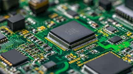 Fototapeta premium Close-up of green PCB with microchip showcasing IoT and connectivity theme