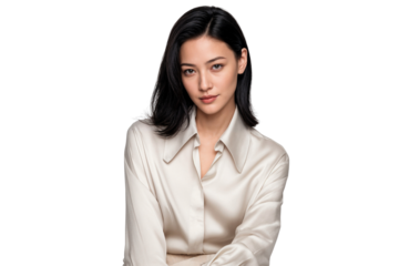 East Asian female model with sleek dark hair and a serene expression, wearing a stylish satin blouse, gazing directly at the viewer isolated on transparent background