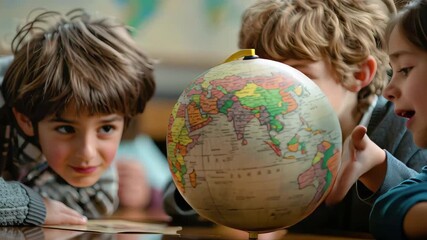 Children engaged in learning about geography with a globe in a classroom setting
