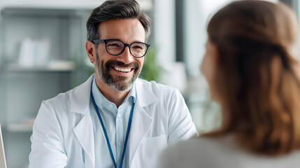 Friendly Male Doctor Engaging in Warm Conversation with Patient in Modern Medical Office Setting