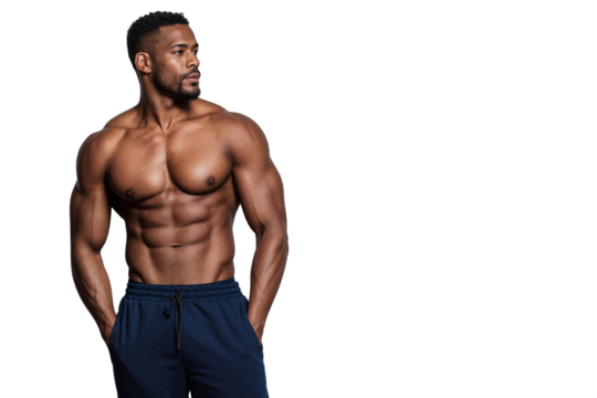 Muscular African American bodybuilder with visible abs, posing confidently and looking to the side, isolated on transparent background