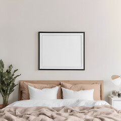 Mockup scene featuring horizontal photo frame in relaxing bedroom, perfect for landscape artwork, quote prints, or photography display