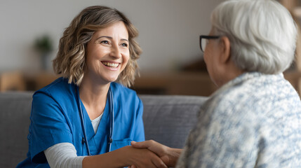 Obraz premium Warm and Caring Nurse Interacting with Elderly Woman in Comfortable Medical Environment Smiling Together