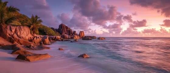 Pink sunset beach in seychelles
