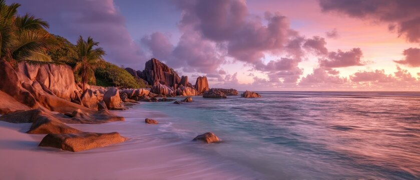 Pink sunset beach in seychelles