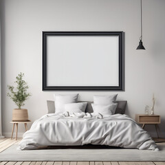Horizontal empty frame mockup above the bed in a peaceful bedroom interior, ideal for presenting printable art, landscape photos, or digital posters in lifestyle scenes