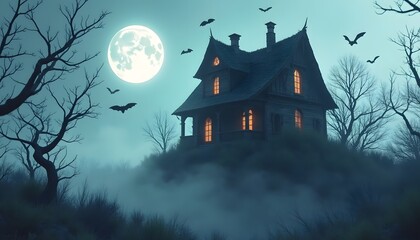 Fototapeta premium 3D render of a spooky haunted house on a hill under a full moon, with flying bats