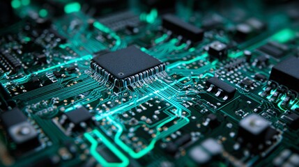 Obraz premium Digital innovation concept with detailed electronic circuits and modern hardware