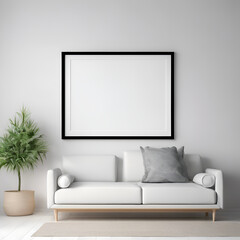 Living room art mockup with horizontal blank frame centered on a light wall above sofa, perfect for displaying printable wall art and digital canvases