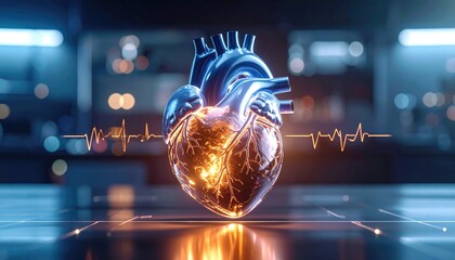 3D model of a human heart in a laboratory setting.  Digital rendering