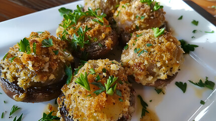 Delightful baked stuffed mushrooms with golden breadcrumbs and fresh parsley adorn a white plate, creating a savory appetizer.