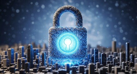 Digital Fortress: Lock Over Cityscape (AI Generated)