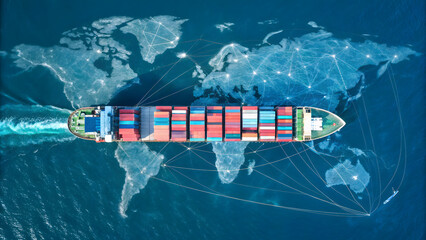 Aerial view of container ship at sea with digital map overlay showing export control
