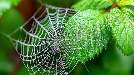 Spiderweb on Green Leaf with Water Droplets