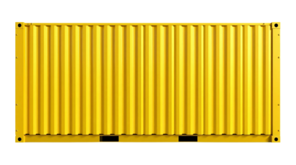 Yellow shipping container standing upright isolated on transparent background