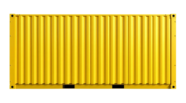 Yellow shipping container standing upright isolated on transparent background