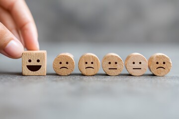 Hand placing a wooden block with a smiley face symbol on a grey background, leaving negative space for text or design. Customer experience represented by a row of oak wood circle cutouts, moving from.