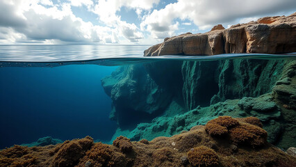 Continental Slope Continental shelf break (16:9), public domain, steep drop from 200 m to 3000 m depth with underwater valleys, sediment cascades, and deep-sea coral reefs