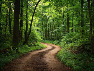 Obraz premium Winding Path Through Lush Green Forest with Tall Trees and Foliage