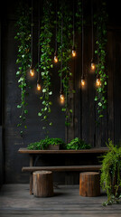 Rustic, dark space with hanging plants and Edison bulbs.  Wooden table and stools. Greenery and warm lighting fill the scene