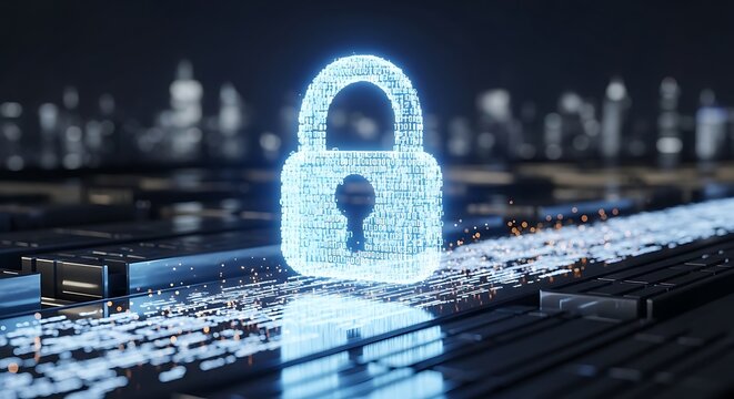 Cybersecurity Lock: Binary Code Shielding a Digital Network (AI Generated) - Powered by Adobe