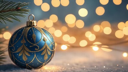 Elegant blue Christmas ornament with gold filigree detail resting on snow with soft bokeh lights and pine branch festive holiday celebration decoration - Powered by Adobe