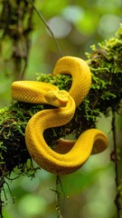 Bright yellow viper curled on mossy branch in tropical jungle representing exotic wildlife, danger, and biodiversity