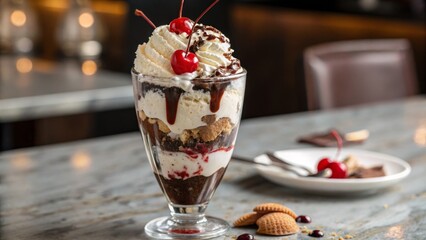 Layered Brownie Ice Cream Sundae Whipped Cream, Chocolate Sauce, Cherries, Dessert, Food Photography, Glass, Delicious Dessert