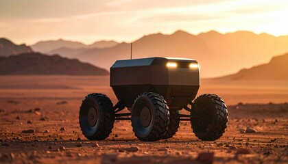 All-terrain robot rover explores a barren desert landscape at sunset, representing off-world missions, Mars rovers, and autonomous exploration technology