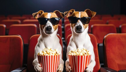 Two stylish dogs wearing sunglasses enjoying popcorn at a cinema represent humor and pet culture merged with entertainment trends and human-like behavior