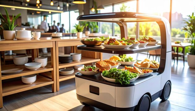 Food delivery robot serving meals in a restaurant shows the rise of automation in hospitality, redefining service efficiency and futuristic dining experiences