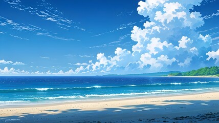 clear sky over a peaceful beach anime style image