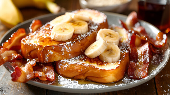 Golden french toast topped with fresh bananas and crispy bacon offers a sweet and savory breakfast combination.