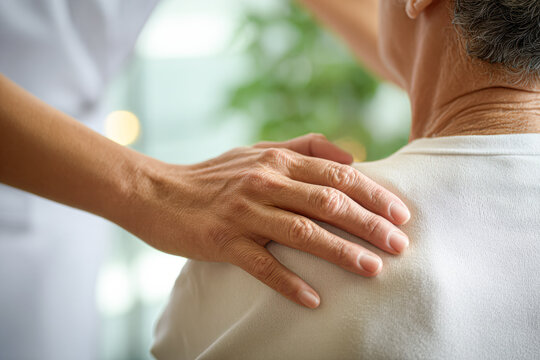 A comforting hand rests gently on an elderly person's shoulder, symbolizing care, support, and compassion in a nurturing environment.