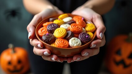 Hands holding wicker bowl filled with colorful Halloween candy including lollipops, chocolates and sweets with orange pumpkins in spooky autumn background