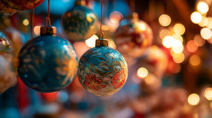 Fototapeta premium Christmas ornament factory bokeh, close-up of painted ornaments, dreamy bokeh lights in background