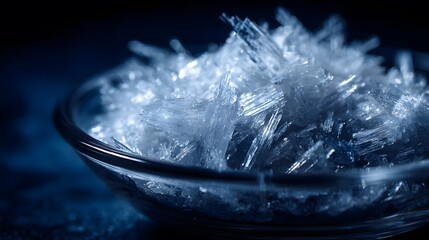 Artistic Macro Photography of Luminous Sodium Hydroxide Crystals in Sleek Glass Bowl with Mysterious Dark Backdrop