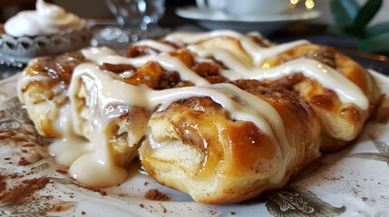Sweet cinnamon roll dessert is decorated with icing on a patterned plate, ready for consumption and ideal for breakfast or brunch.